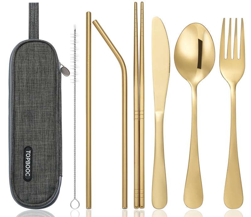 Topbooc Portable Stainless Steel Flatware Set, Travel Camping Cutlery Set, Portable Utensil Travel Silverware Dinnerware Set with a Waterproof Case (Gold) - Image 1